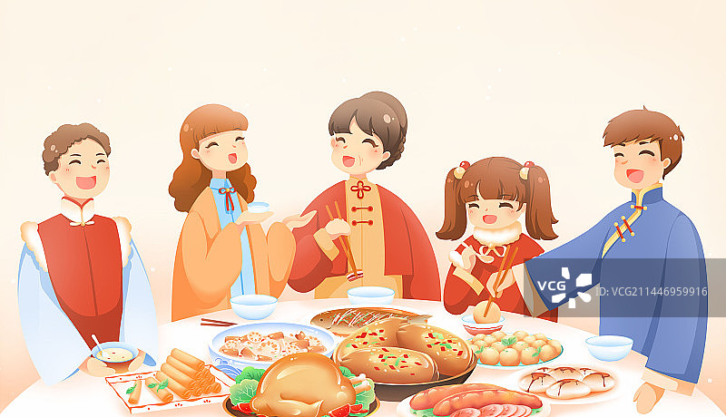 一家人其乐融融的吃团圆饭，清新卡通传统节日插画图片素材