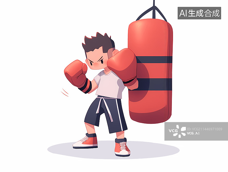 【AI数字艺术】拳击男孩和沙袋卡通插画图片素材