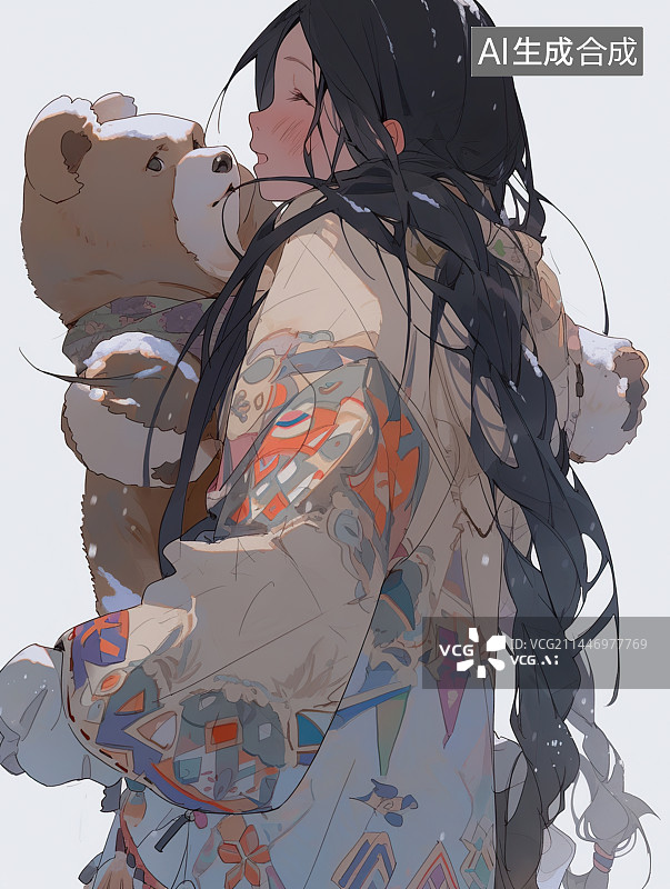 【AI数字艺术】女孩抱着心爱的玩具小熊的商业插画矢量图图片素材