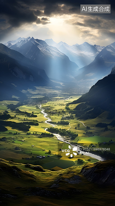 【AI数字艺术】航拍山河丁达尔风光图片素材