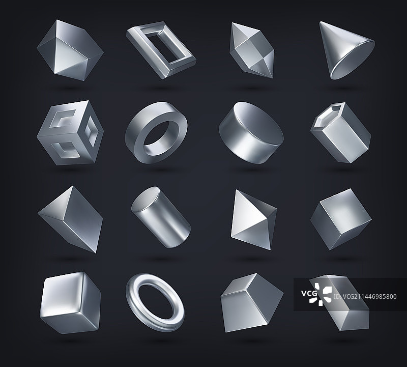 逼真3D银色数学几何形状套装图片素材
