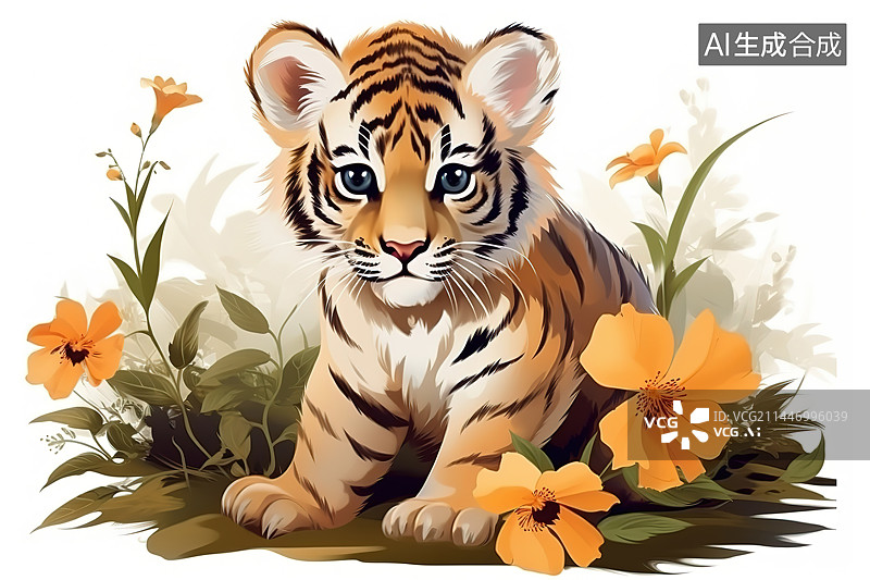 【AI数字艺术】可爱的老虎坐在花丛中图片素材