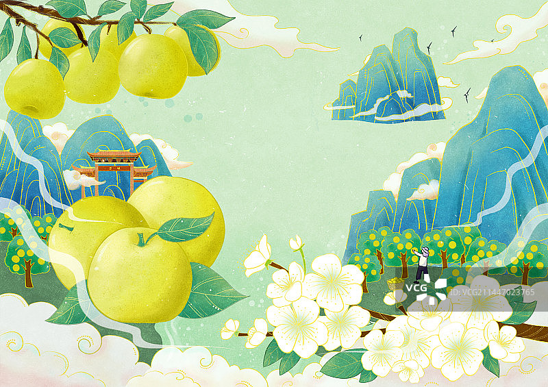 梨子梨花果园国风插画图片素材
