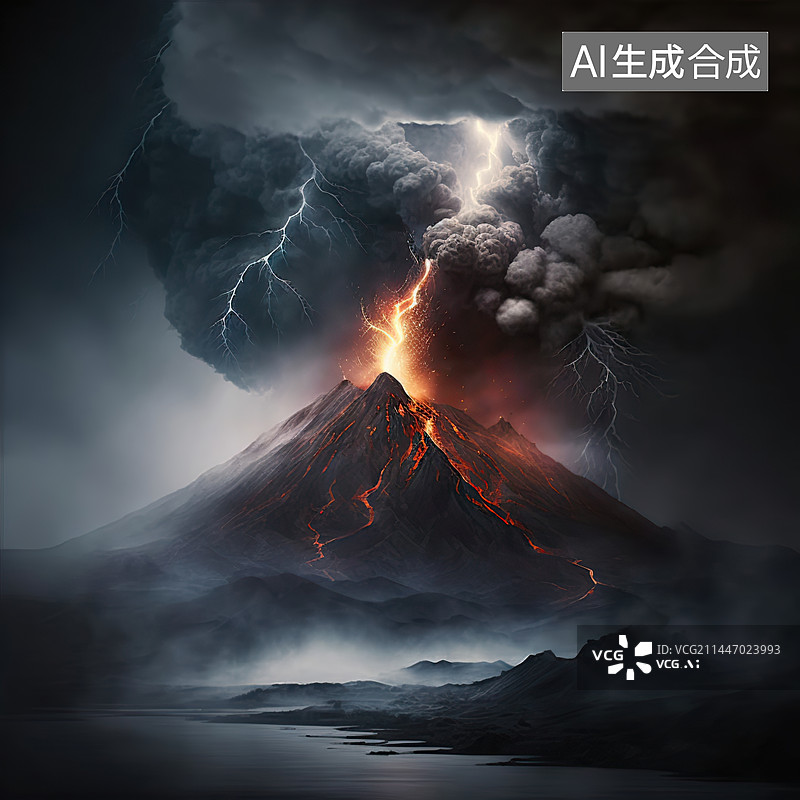【AI数字艺术】火山喷发与闪电云海的商业风景矢量配图图片素材