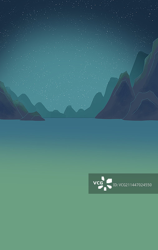 夜晚下的山石水面竖构图插画背景图片素材