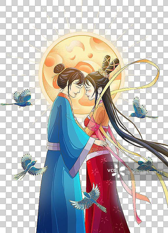 一对古代情侣在月光下拥抱，小鸟围绕着飞图片素材