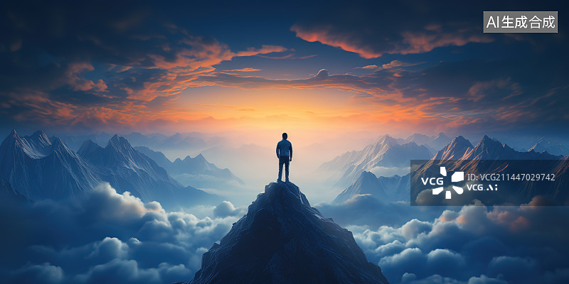 【AI数字艺术】日落时站在山顶上的人图片素材
