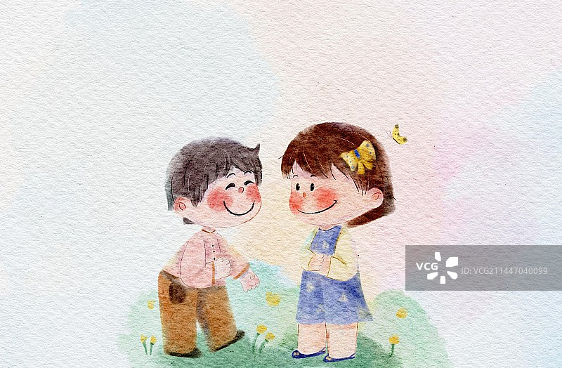手绘清新可爱水彩男孩女孩图片素材