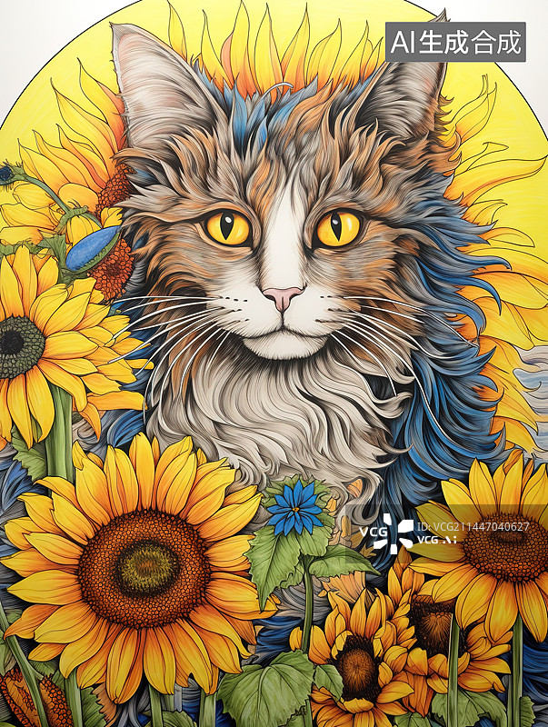 【AI数字艺术】黄色背景下的猫图片素材