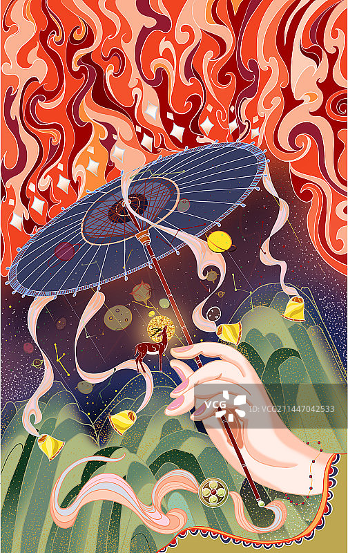 一只手撑伞守护国潮风插画图片素材