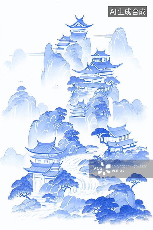 【AI数字艺术】中国山水肌理设计青花瓷插画图片素材