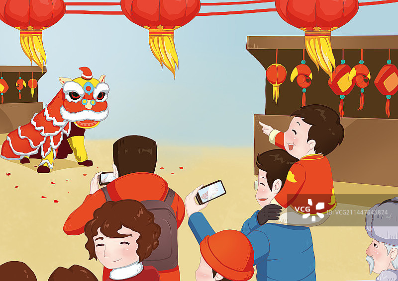 卡通节日集市闹市逛庙会新年春节年俗大年初二 正月初二 拜年送礼走亲戚亲人手绘插画图片素材