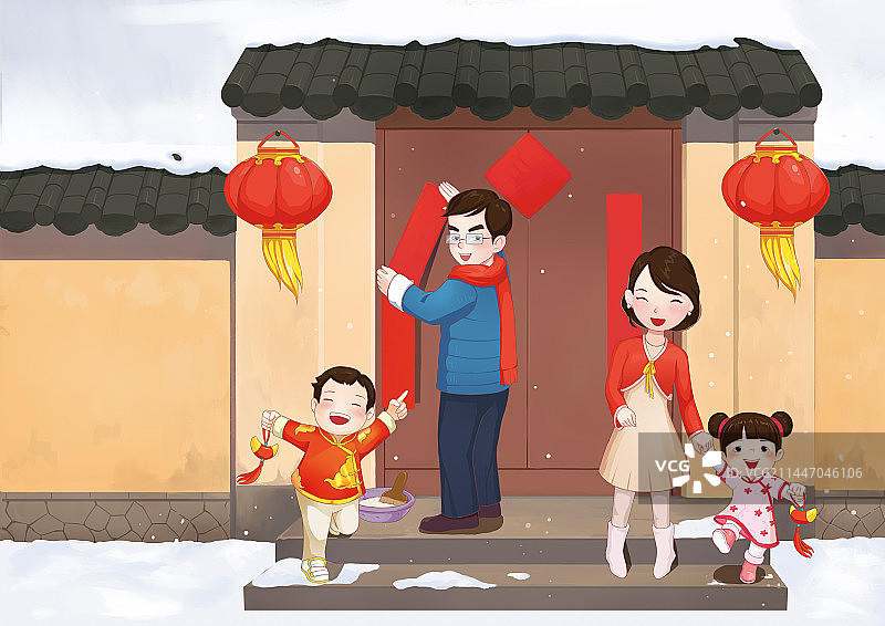 卡通节日新年春节年俗大年初二 正月初一拜年送礼走亲戚亲人手绘插画图片素材