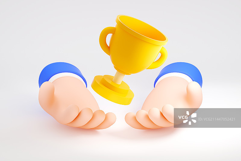 3D立体渲染卡通手捧奖杯图片素材