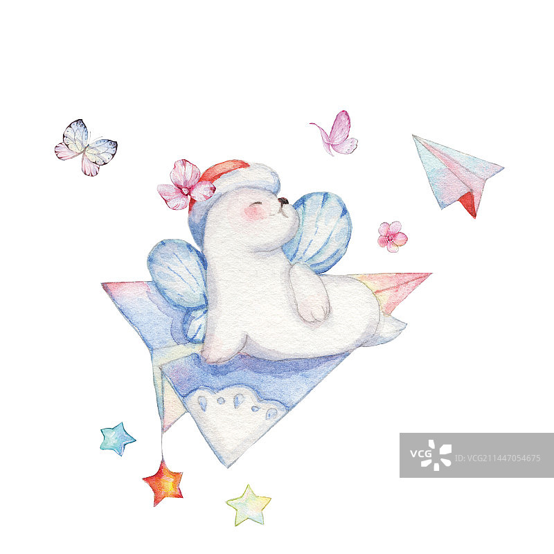 白色背景下的水彩手绘可爱海狸真兽亚纲小动物特写镜头图片素材