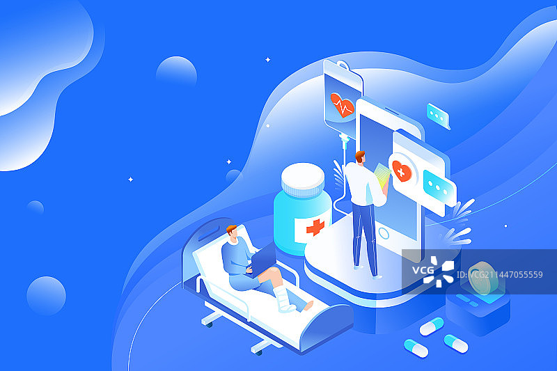 卡通2.5d等距互联网科技科研商务团队医药挂号看病医生医师节职业工作疾病体检保险医疗健康渐变矢量插画图片素材