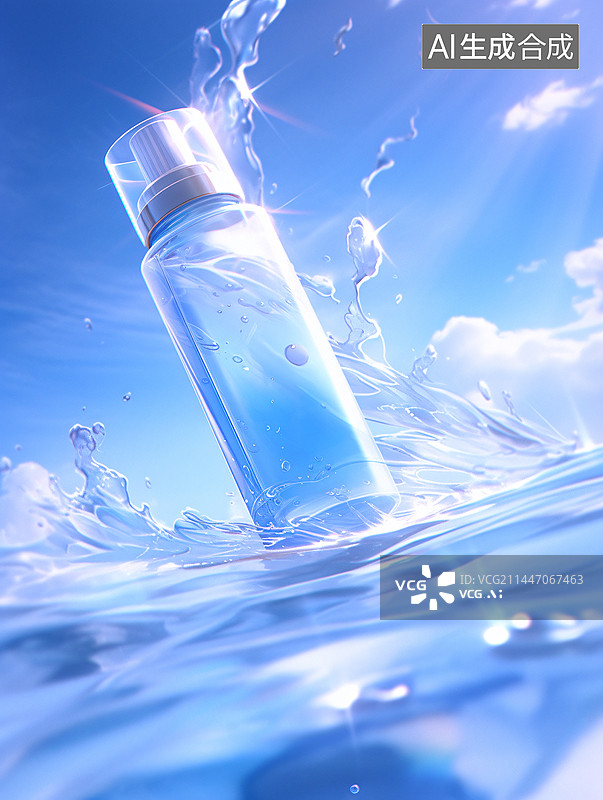 【AI数字艺术】蓝色背景下的瓶子水中特写镜头图片素材