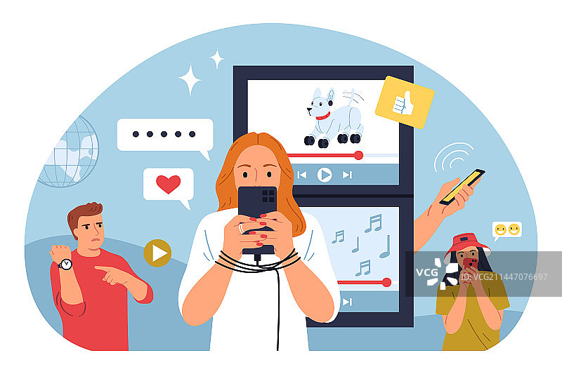 手机成瘾扁平化构图图片素材