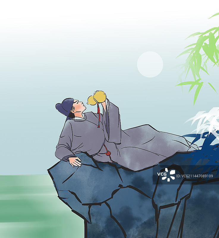 中国风新中式古风古典古人古代古时候唐朝唐代诗人李白喝酒浪漫主义插画图片素材