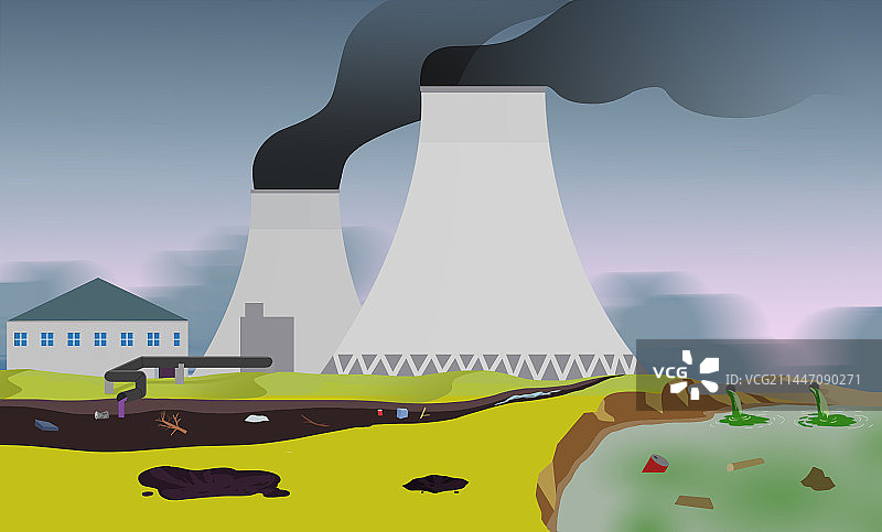 环境保护土地湖泊污染排气污水化工厂水池池塘垃圾插画图片素材
