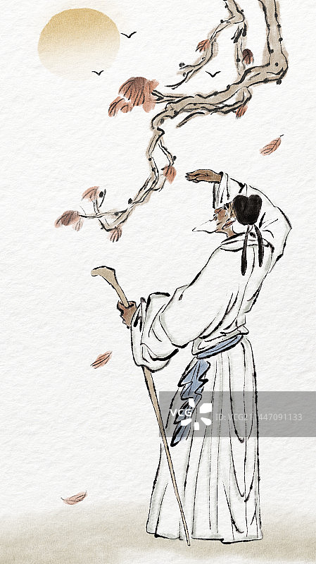 中国风著名诗人杜甫登山风景文学插画图片素材