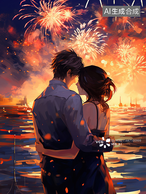 【AI数字艺术】一对情侣站在烟花表演图片素材
