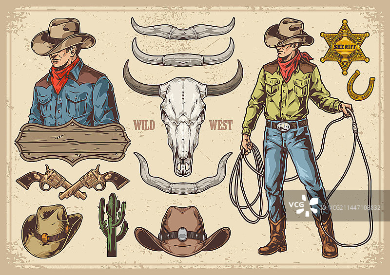 狂野西部彩色贴纸套装图片素材