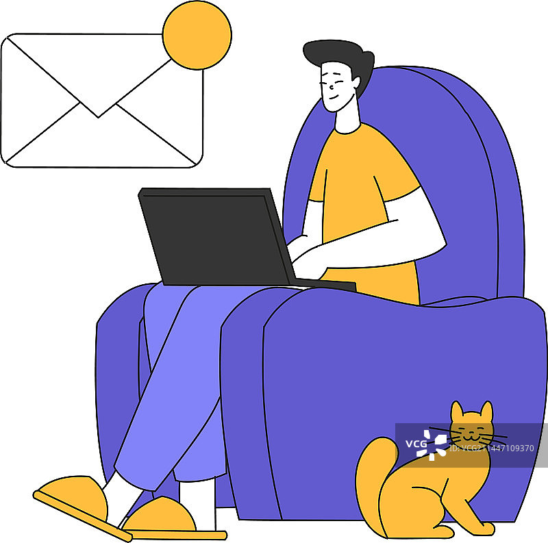 年轻男子在扶手椅上远程办公图片素材