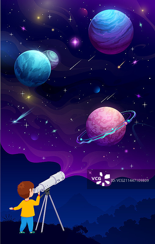 用望远镜观察太空行星的孩子图片素材