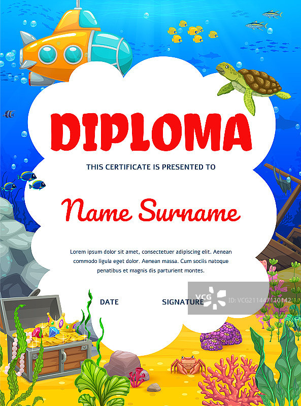 卡通水下黄色潜水艇儿童证书图片素材