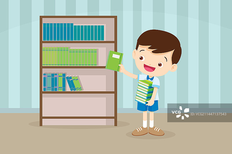 将书放回书架的可爱学生男孩图片素材