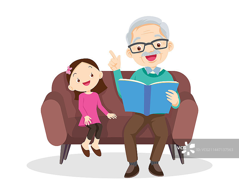 老年男人和女孩一起读书图片素材