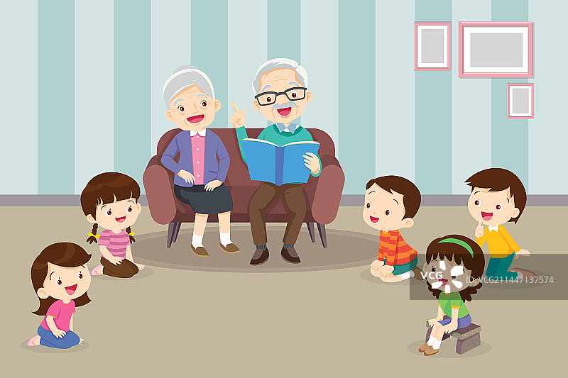 孩子们听爸爸妈妈和祖父母读书图片素材
