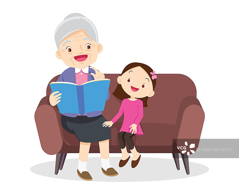 老年妇女和女孩在读书图片素材