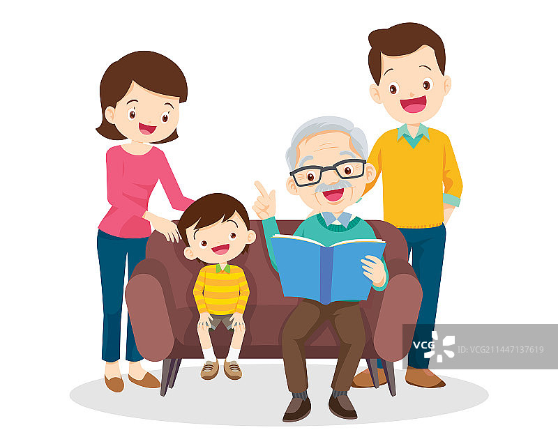 祖父母和家人一起读书图片素材