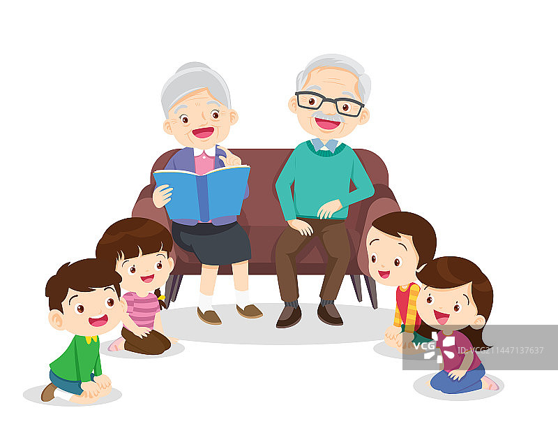 孩子们听爸爸妈妈和祖父母读书图片素材