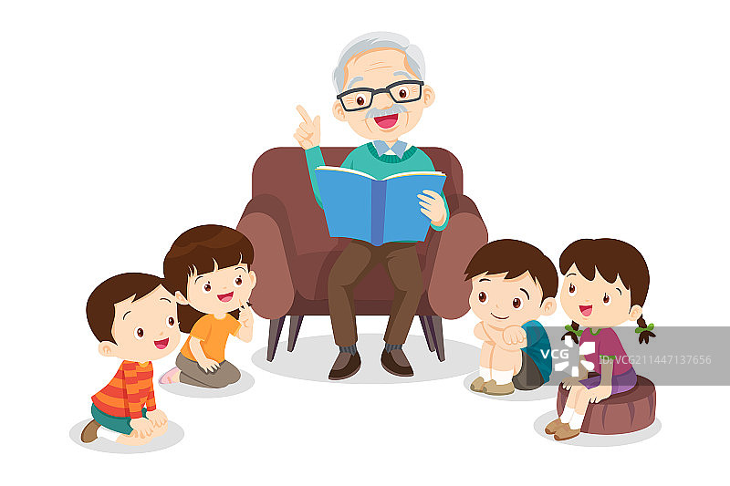 孩子们听爸爸妈妈和祖父母读书图片素材