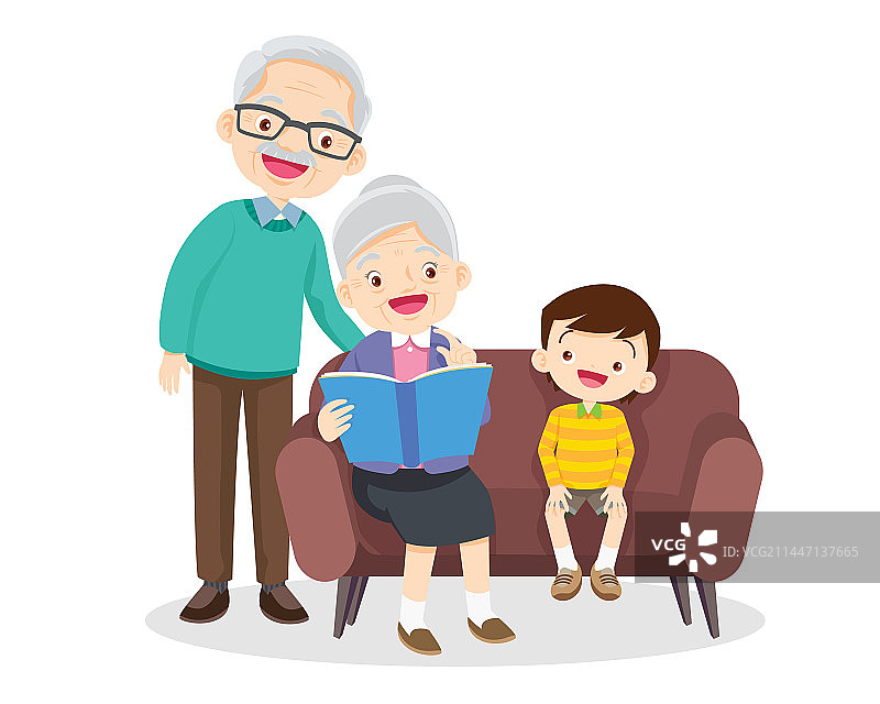 祖父母和孙子一起读书图片素材