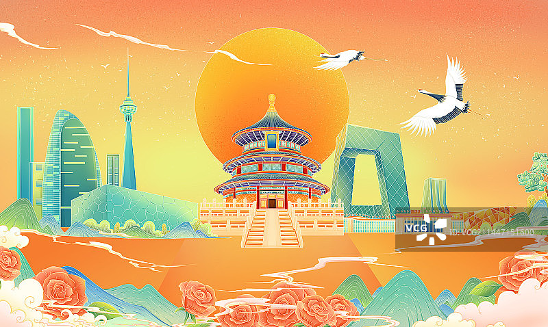 北京天坛国潮风插画图片素材