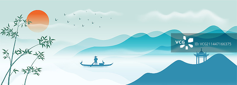 新中式创意国潮中国风简洁水墨风格山水矢量画图片素材