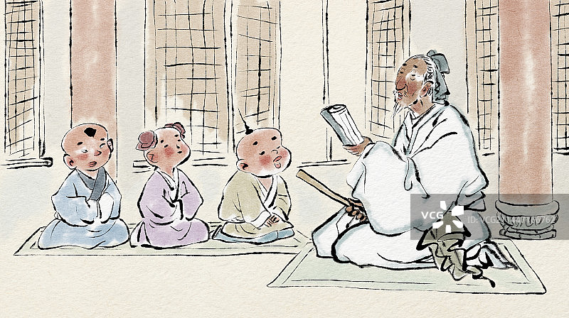 尊师重教在私塾里读书认字的古代儿童和老师场景插画图片素材
