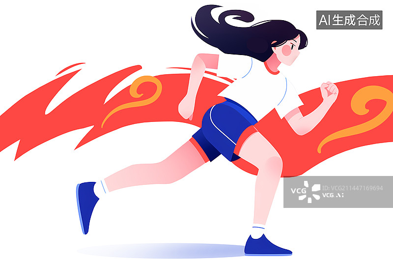 【AI数字艺术】年轻女孩跑步冲刺赢得胜利插画图片素材