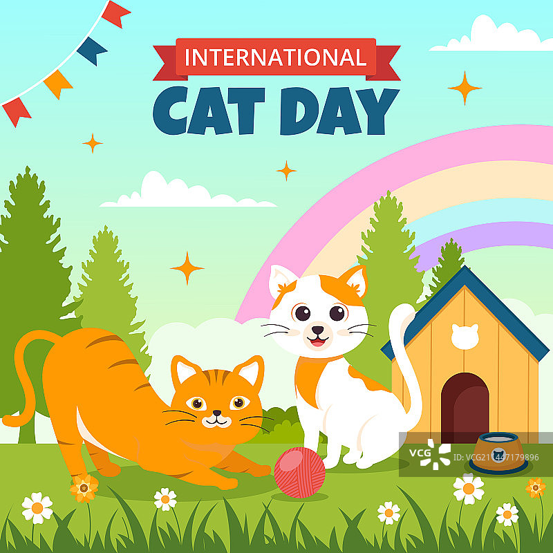 猫咪日社交媒体扁平卡通手绘图片素材