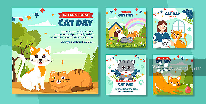 猫咪日社交媒体帖子扁平卡通手绘图片素材