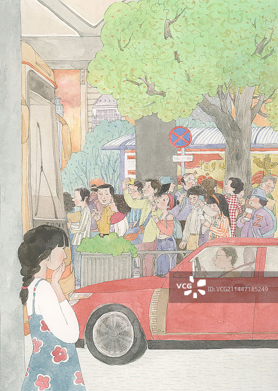 都市街头，人群嘈杂，女孩在等人图片素材