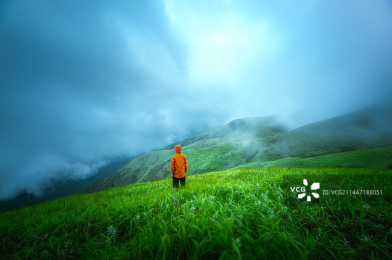 站在草地上面对迷雾的人的后视图图片素材
