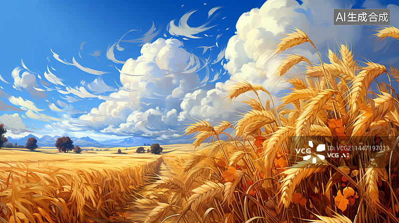 【AI数字艺术】水彩风格风吹麦田乡村田野背景插画图图片素材