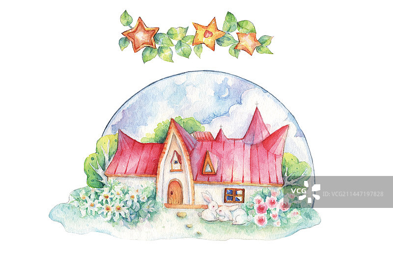 水彩手绘清新自然天空之城小城堡建筑物图片素材