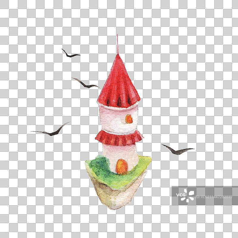 水彩手绘天空之城古堡建筑小灯塔建筑物房屋图片素材