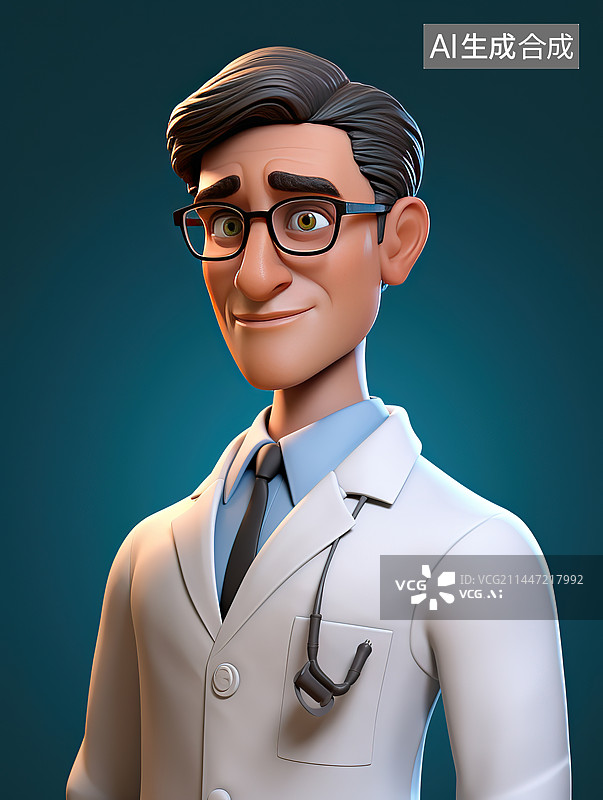 【AI数字艺术】蓝色背景下微笑的年轻医生肖像图片素材